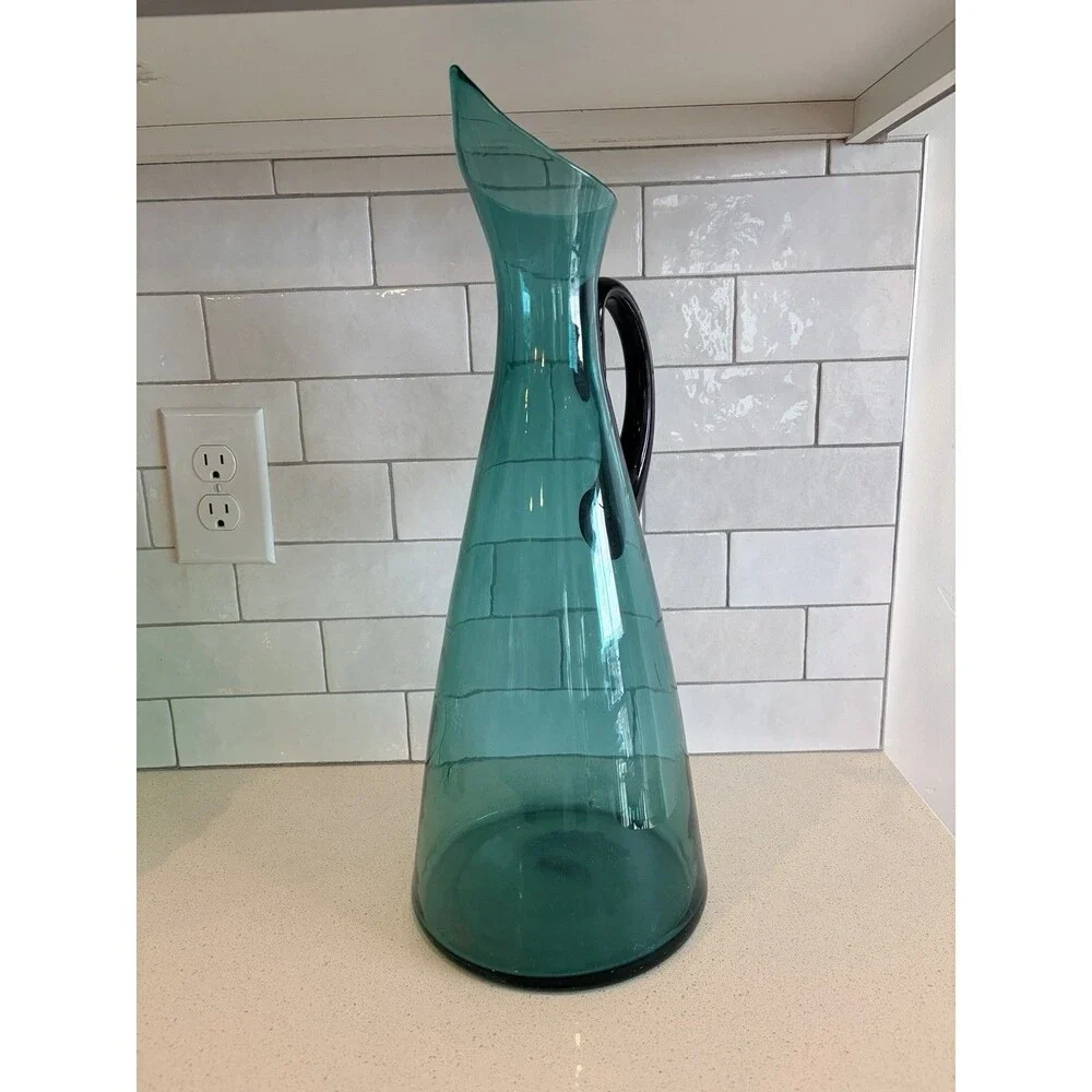 Mid Century Modern Blenko W. Anderson Sea Green Pitcher W/ Black Handle